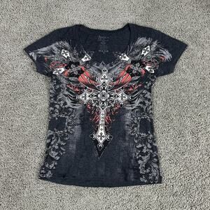 Angels & Diamonds Shirt Womens Medium Black Red Cross Graphic USA Gothic Tee